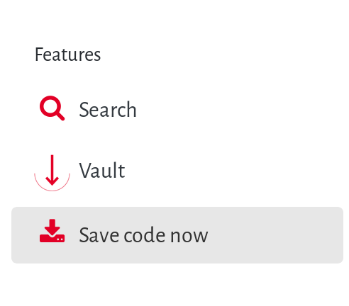 A enu reading "Features," "Search," "Vault," and "Save code now."